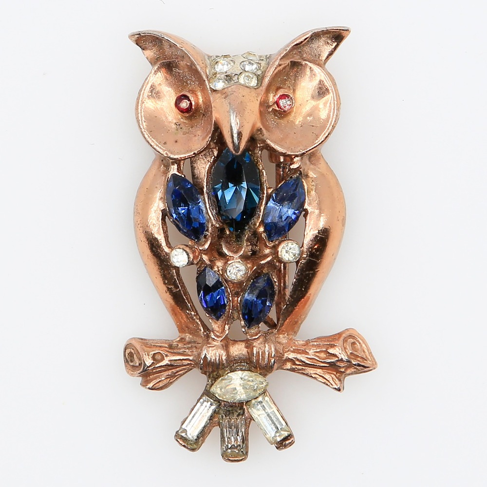 Vintage Adolph Katz‎ Coro Craft Sterling Owl Rhinestone Fur Clip 1940s